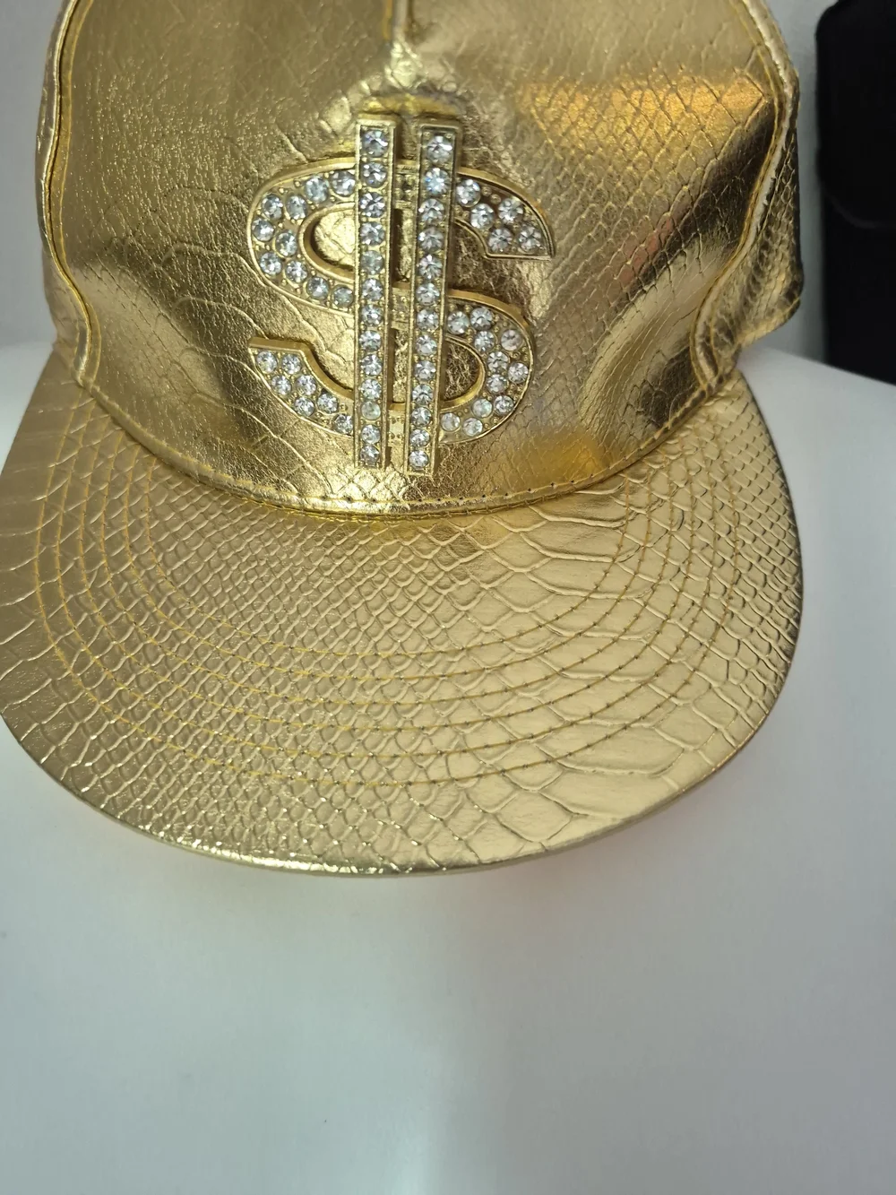 Men's Metallic Gold Rhinestone Dollar-Sign Snapback Hat